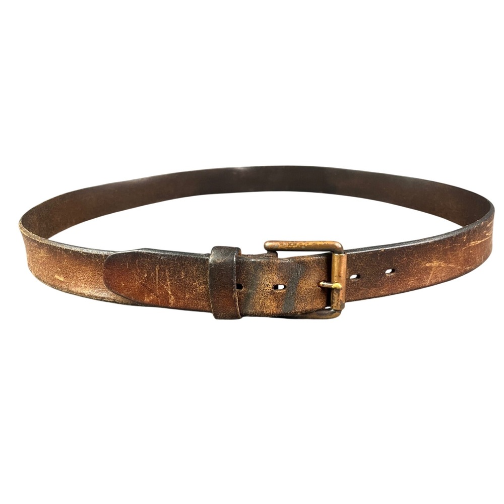 Vintage Distressed Dark Brown Leather Belt Brass Buckle 47 Inch Rugged Workwear